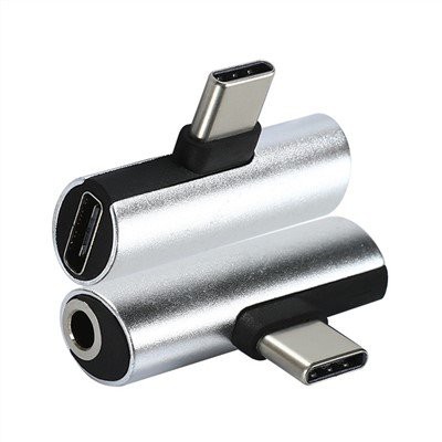 Sudraba krāsas T-veida USB C audio un lādētāja adapteris
